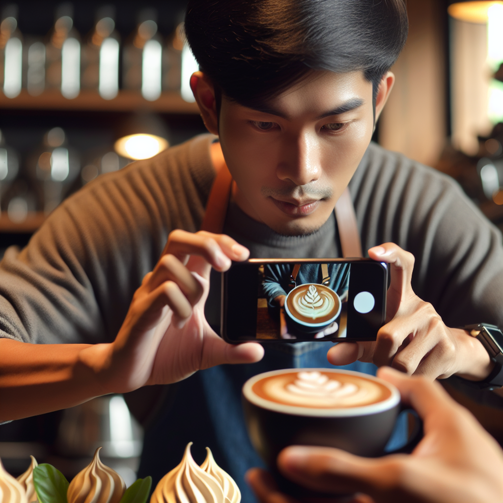 Local cafe owner using smartphone to photograph coffee latte art for social media post