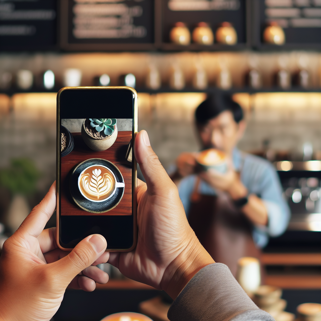 Cafe owner using smartphone to photograph coffee latte art for social media content creation