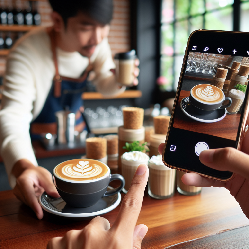 Cafe owner creating social media content with smartphone