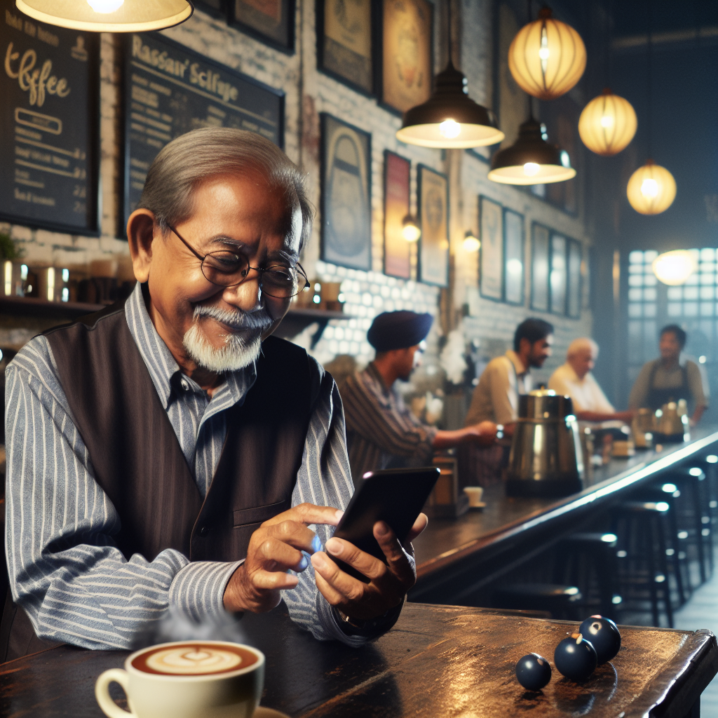 Business owner using mobile phone to upload Facebook video in a cozy café