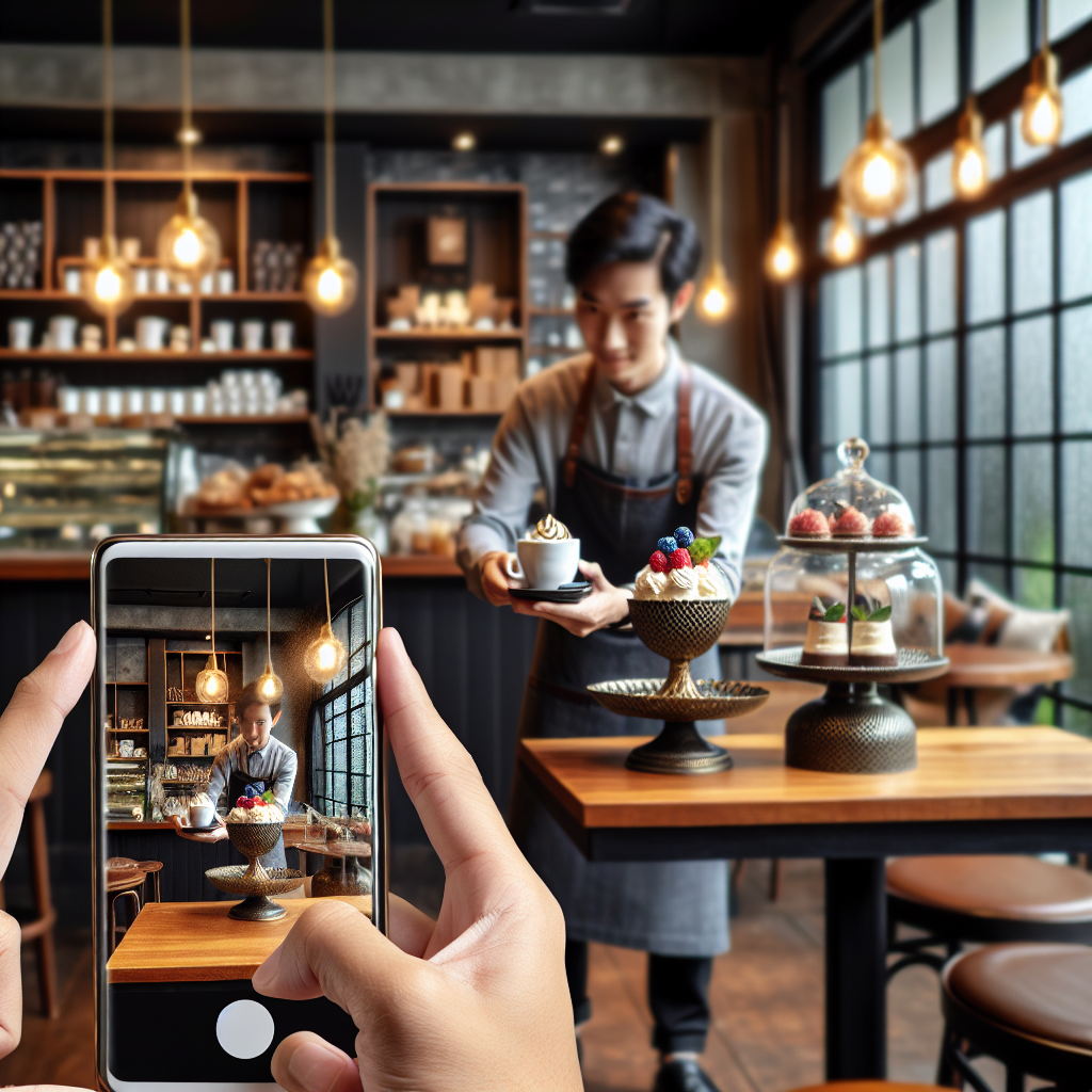 Business owner taking social media photo of cafe interior